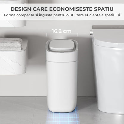 Cos de Gunoi cu Senzor Elindor® cu Capacitate 9.5l, Capac Inteligent Anti-Miros, Deschidere Silentioasa, Design Elegant, Subtire, Ideal pentru Baie, Bucatarie, Birou, Dormitor, Perfect pentru Colectare Deseuri, Rezistent la Apa IPX5 Alb