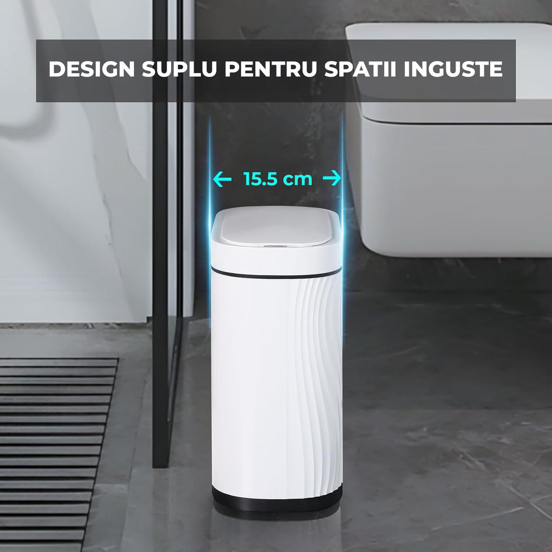 Cos de Gunoi cu Senzor Elindor® cu Capacitate 7.5l, Capac Inteligent Anti-Miros, Deschidere Silentioasa, Design Elegant, Subtire, Ideal pentru Baie, Bucatarie, Birou, Dormitor, Perfect pentru Colectare Deseuri, Rezistent la Apa IPX5 Alb / Negru