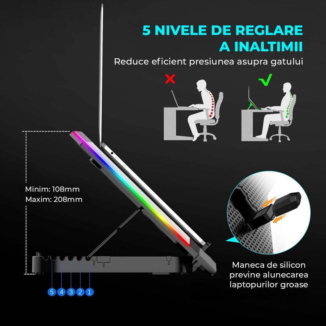 Cooler Laptop Gaming RGB Elindor® Suport cu Unghi Reglabil pe 5 Niveluri, Dimensiuni Compatabile 15-17.3 Inch, 6 Ventilatoare Puternice si Silentioase 30dB cu Viteza Ajustabila, 2 Porturi USB, Suport Telefon, Ecran LCD, pentru Birou, Calatorii, Negru