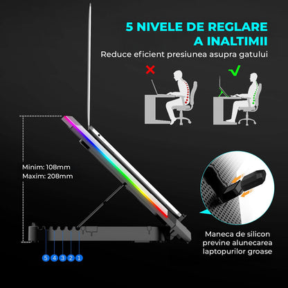 Cooler Laptop Gaming RGB Elindor® Suport cu Unghi Reglabil pe 5 Niveluri, Dimensiuni Compatabile 15-17.3 Inch, 6 Ventilatoare Puternice si Silentioase 30dB cu Viteza Ajustabila, 2 Porturi USB, Suport Telefon, Ecran LCD, pentru Birou, Calatorii, Negru