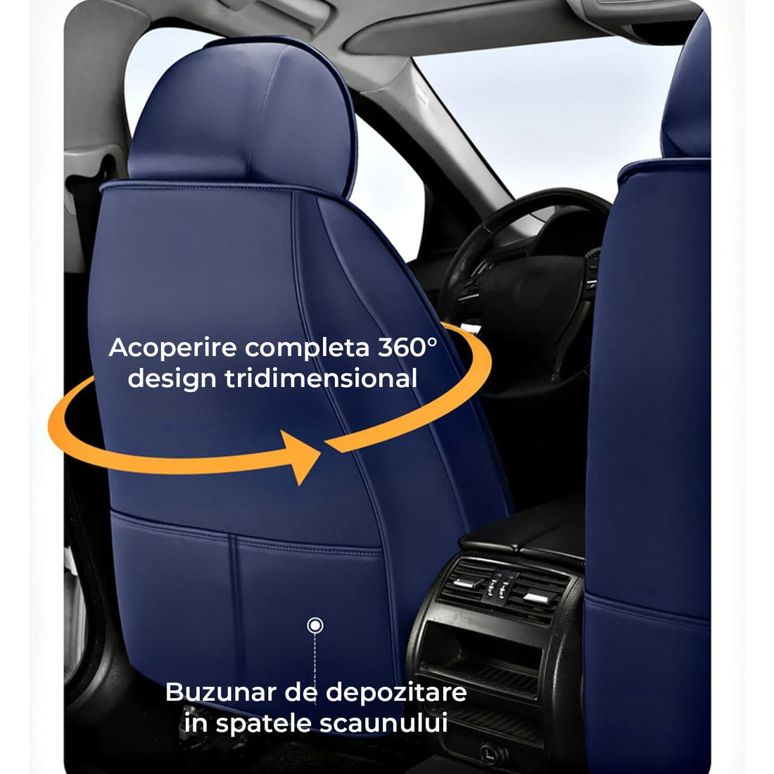 Set 5 Huse Scaune Auto Elindor®, Impermeabile, Universale, Protectie Fata/Spate, Piele Ecologica si Matase Sintetica, Compatibile cu Logan, Golf, Qashqai, Tucson, Montaj Rapid, Accesorii Masina Interior, Albastru