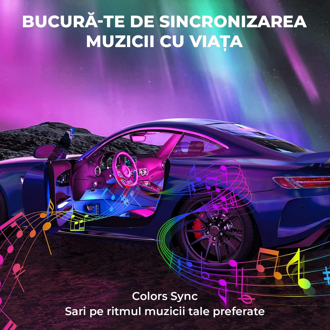 Lumini Interioare Auto Elindor®, 4 Benzi LED, Control Wireless, 8 Culori RGB