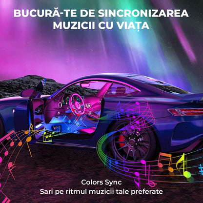 Lumini Interioare Auto Elindor®, 4 Benzi LED, Control Wireless, 8 Culori RGB