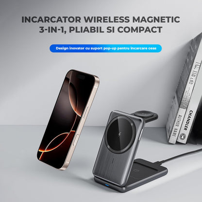 Incarcator Wireless 3-in-1 Elindor® Pliabil, Fast Charge 15W, Compatibil iPhone, Apple Watch, AirPods, Negru