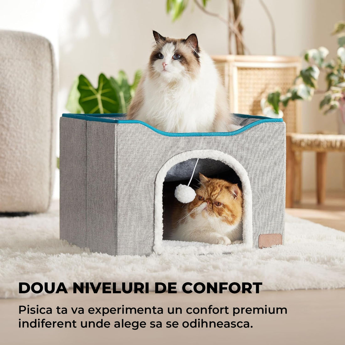 Pat pentru Pisici si Caini Elindor®, Culcus cu Interior Pliabil, Cu Baza Detasabila, Perna Confortabila, Jucarie Agatata, Zona de Ascutit Gheare, Ascunzatoare pentru Odihna si Joaca, 42×42×33 cm, Gri