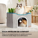 Pat pentru Pisici si Caini Elindor®, Culcus cu Interior Pliabil, Cu Baza Detasabila, Perna Confortabila, Jucarie Agatata, Zona de Ascutit Gheare, Ascunzatoare pentru Odihna si Joaca, 42×42×33 cm, Gri