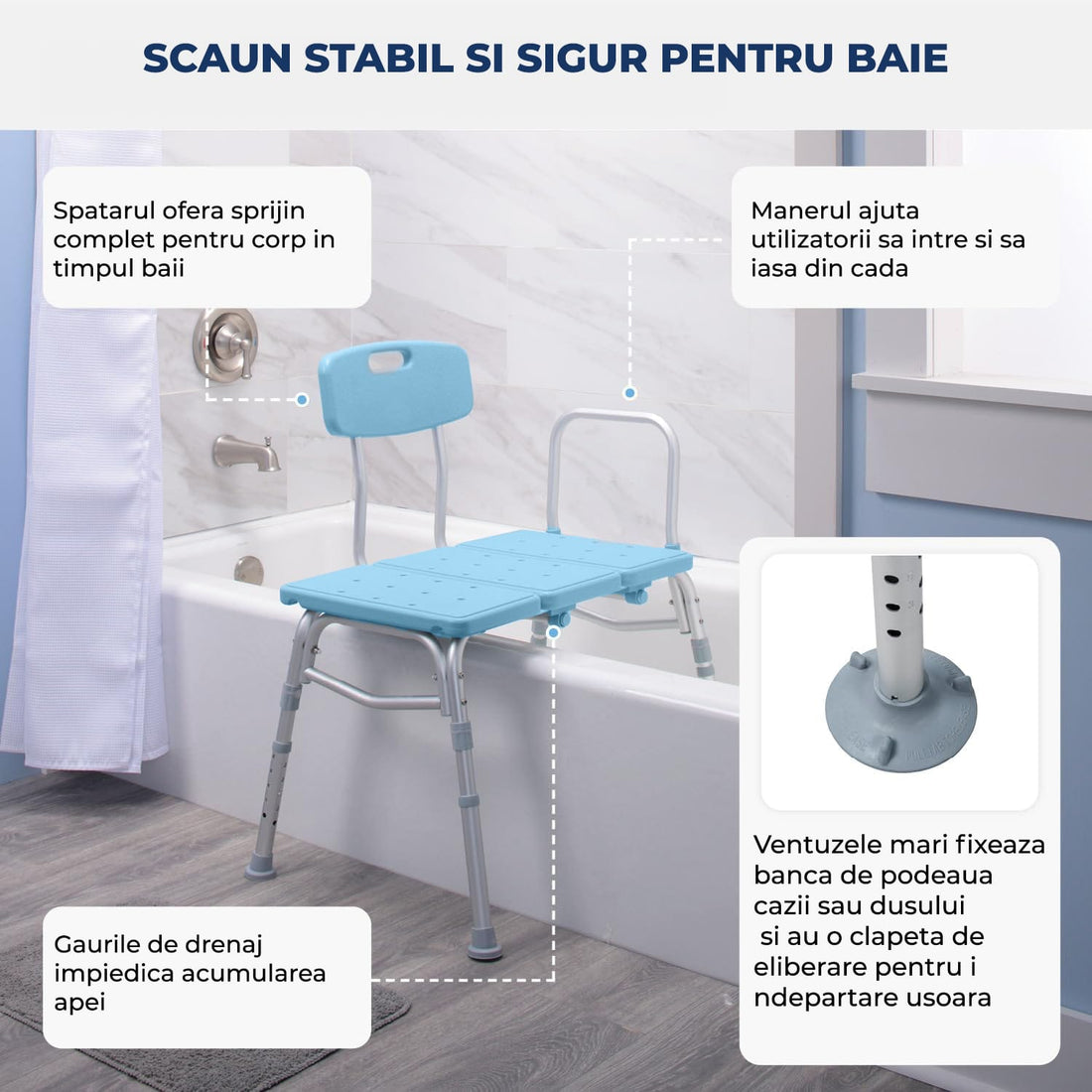 Scaun pentru Cada și Duș Elindor® cu Spătar și Mâner Detasabil, Albastru