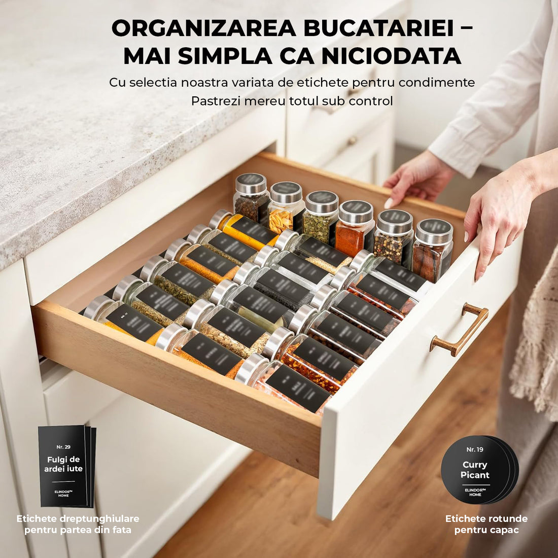 Set 24 Recipiente Condimente Elindor® din Sticla cu Capac din Inox, cu Sita, Organizator Bucatarie, Organizatoare Sertar, Borcane 120 ml, 2 Tipuri de Etichete si Palnie Metalica Accesorii Depozitare, Transparent