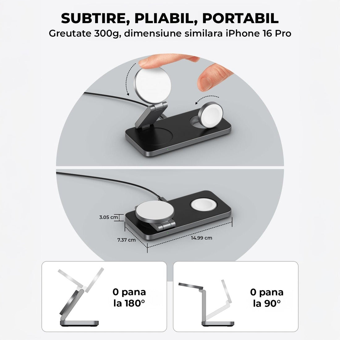 Incarcator Wireless 3 in 1 Portabil Magsafe Elindor®, 15W Qi Fast Charger, Stand Magnetic Pliabil de Birou, Charging Station pentru Apple Watch, AirPods, Telefon Compatibil iPhone, Incarcatoare fara Fir, Statie de Incarcare, Negru