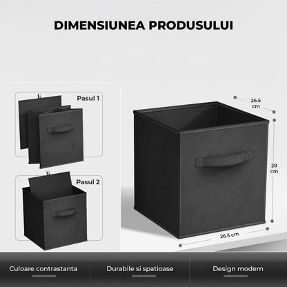 Set 6 Cutii Depozitare Elindor® Pliabile, Tip Sertar, Organizator pentru Dormitor Studentesc, Organizatoare pentru Dulap, Cutie Organizare, Cos Multifunctional, Separator Haine, Paturi, Jucarii, Pentru Dormitor, Living, 26.5 x 26.5 x 28 cm, Negru