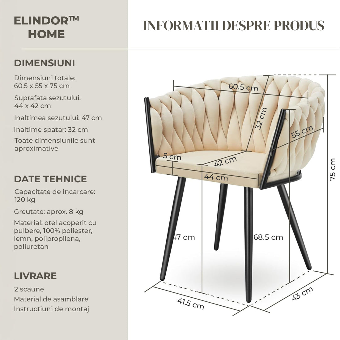 Set 2 Scaune Elindor® Ergonomice, Tip Scoica, Design Contemporan, Scaun cu Spatar si cu Manere, din Catifea cu Picioare Metalice Aurii, Potrivite pentru Living, Bucatarie, Birou, Dormitor, Latime Sezut 44 cm, 71 x 50 x 45 cm, Bej