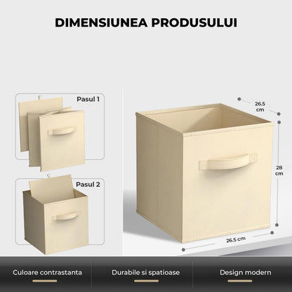 Set 6 Cutii Depozitare Elindor® Pliabile, Tip Sertar, Organizator pentru Dormitor Studentesc, Organizatoare pentru Dulap, Cutie Organizare, Cos Multifunctional, Separator Haine, Paturi, Jucarii, Pentru Dormitor, Living, 26.5 x 26.5 x 28 cm, Bej