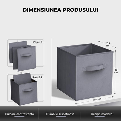 Set 6 Cutii Depozitare Elindor® Pliabile, Tip Sertar, Organizator pentru Dormitor Studentesc, Organizatoare pentru Dulap, Cutie Organizare, Cos Multifunctional, Separator Haine, Paturi, Jucarii, Pentru Dormitor, Living, 26.5 x 26.5 x 28 cm, Gri