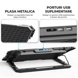 Cooler Laptop Gaming RGB Elindor® Suport cu Unghi Reglabil 6-12 cm, Dimensiuni Compatabile 12-17.3 Inch, 5 Ventilatoare Puternice si Silentioase 15dB cu Viteza Ajustabila, 2 Porturi USB, pentru Birou, Calatorii, 41,6 x 28,5 x 2,8 cm, Negru