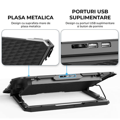 Cooler Laptop Gaming RGB Elindor® Suport cu Unghi Reglabil 6-12 cm, Dimensiuni Compatabile 12-17.3 Inch, 5 Ventilatoare Puternice si Silentioase 15dB cu Viteza Ajustabila, 2 Porturi USB, pentru Birou, Calatorii, 41,6 x 28,5 x 2,8 cm, Negru