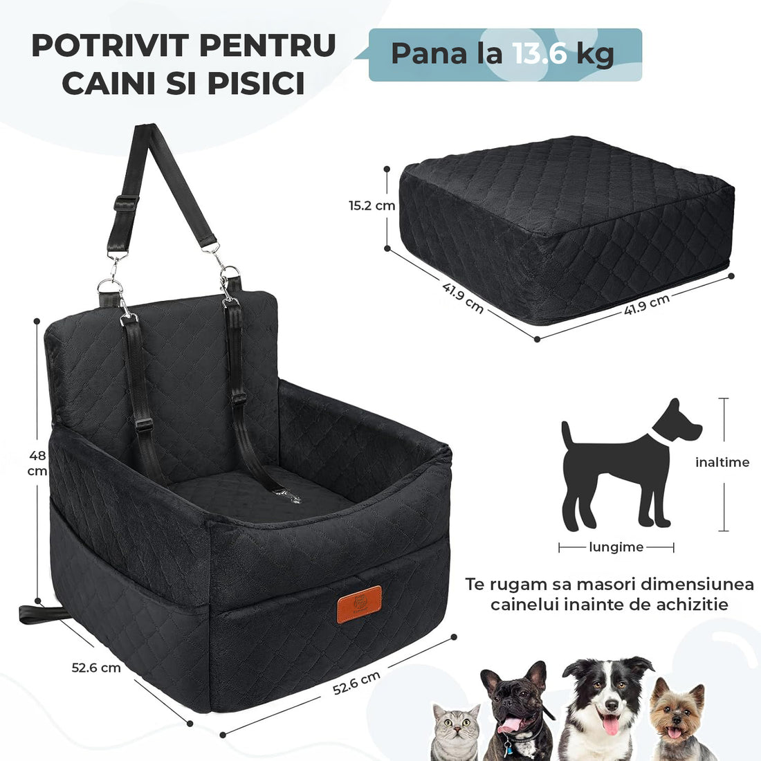 Scaun Auto Elindor® pentru Transport Animale, Caini si Pisici, Talie Mica si Medie, Protectie Scaun Sezut / Spatar, Ofera Protectie Pentru Bancheta Spate Masina Taxi/Ride Sharing, Impermeabila, Antialunecare, 52.6 x 52.6 x 48 cm, Negru