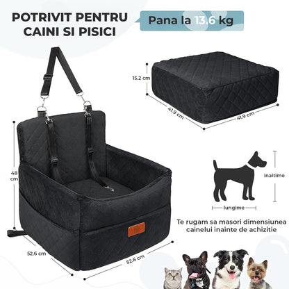 Scaun Auto Elindor® pentru Transport Animale, Caini si Pisici, Talie Mica si Medie, Protectie Scaun Sezut / Spatar, Ofera Protectie Pentru Bancheta Spate Masina Taxi/Ride Sharing, Impermeabila, Antialunecare, 52.6 x 52.6 x 48 cm, Negru