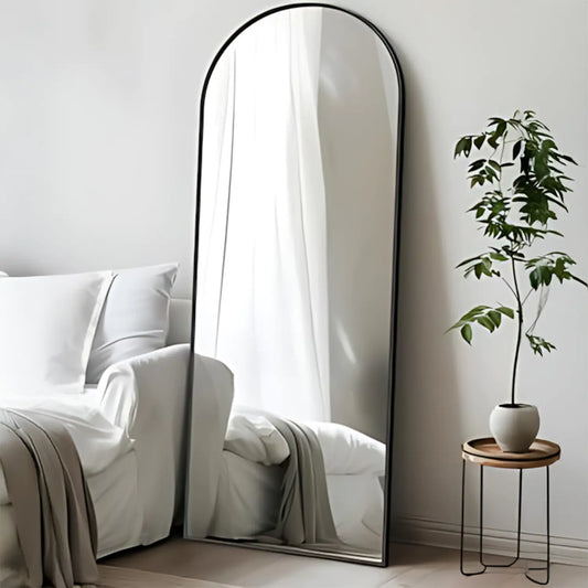 Oglinda de Podea Elindor®, 150 x 40 cm, cu Suport, Montare pe Perete, Oglinda Corp Intreg Pentru Dormitor, Living, Birou sau Dulap, cu Rama Tip Arcada din Aluminiu, Usoara, Multifuntionala, Reglabila, Negru