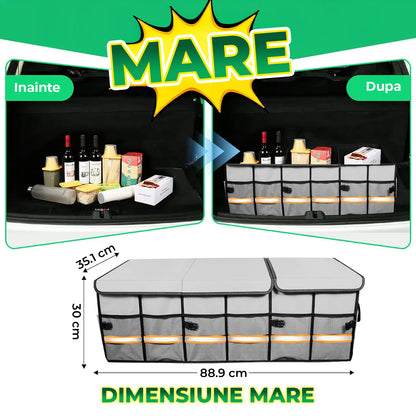 Organizator Auto Portbagaj Elindor®, Antiderapant, Impermeabil, Pliabil, Compartimente Multiple, Organizator Cargo pentru SUV, Depozitare Portbagaj, Dimensiuni 89 x 35 x 30 cm, Manere Aluminiu, Banda Reflectorizanta, Accesorii Auto, Gri