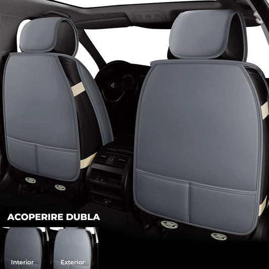 Set 2 Huse Scaune Auto Elindor®, Piele Ecologica, Impermeabile, Universale, Protectie Scaune Fata, Compatibile cu Masini Sedan, SUV si Camionete, Montaj Usor, Accesorii Interior Auto, Gri