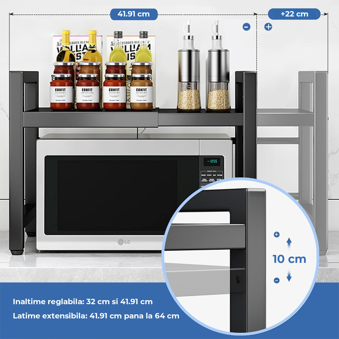 Raft Elindor® din Otel Carbon, Extensibil pentru Bucatarie, Organizator Metalic Reglabil, Ideal ca Etajera Depozitare Deasupra Cuptorului cu Microunde in Camara sau Birou, Perfect pentru Condimente, Vesela, Farfurii, Stabil si Compact, Polita pentru Obiec