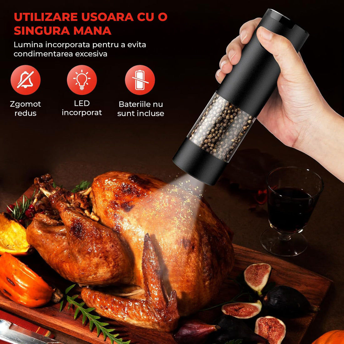 Set 2 Rasnite Electrice Elindor® Rasnita Electrica Led pentru Sare si Piper, Solnita si Pipernita din Sticla, Recipient Condimente cu Senzor Gravitational, Reglare Grosime Macinare x5, Operare cu o Mana, pentru Bucatarie, 16x7.5 cm, Transparent / Negru