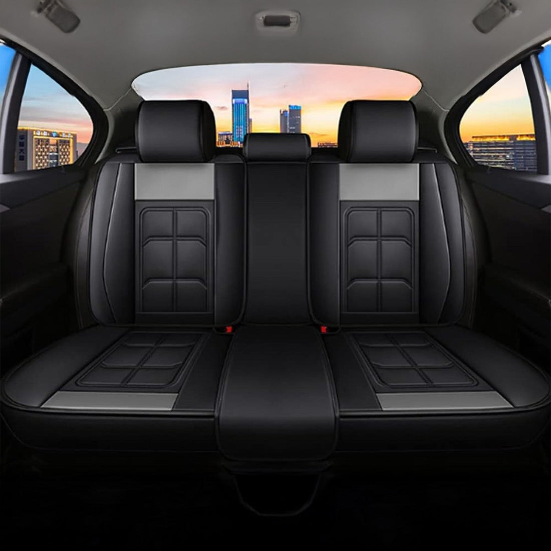 Set 5 Huse Gri Deschis, Scaune de Masina Elindor®, Huse Auto Piele, Impermeabile, Universale, Protectie Scaun Fata si Spate, Montaj Rapid, Accesorii Masina Interior