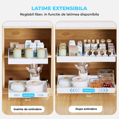 Organizator Multifunctional Elindor® Tip Sertar, cu Adeziv, Suport Metalic Dulap sub Blat Chiuveta, Inaltime Reglabila, 2x Sertar Glisant Organizare pentru Bucatarie, Baie, Camara, Bar, Raft cu Sertare Depozitare Detergenti, Parfumuri, 32-53x42x8 cm, Alb