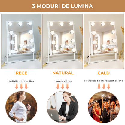 Oglinda Machiaj Elindor® cu 9 Lumini LED, Culori Reglabile, Touch Control,  Baza Solida, Rotatie 360° , pentru Dormitor sau Salon, Alb