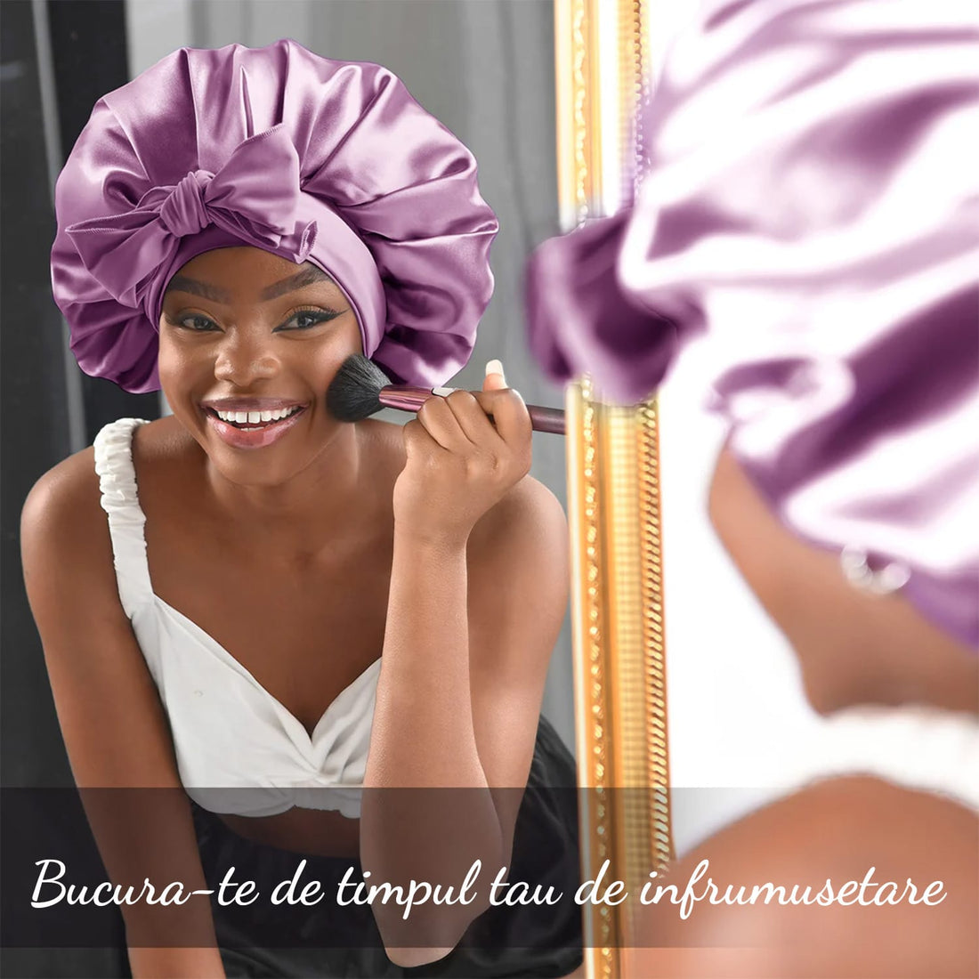 Boneta Satin Dubla Elindor® Pentru Protectia Parului, Banda Reglabila, Mov