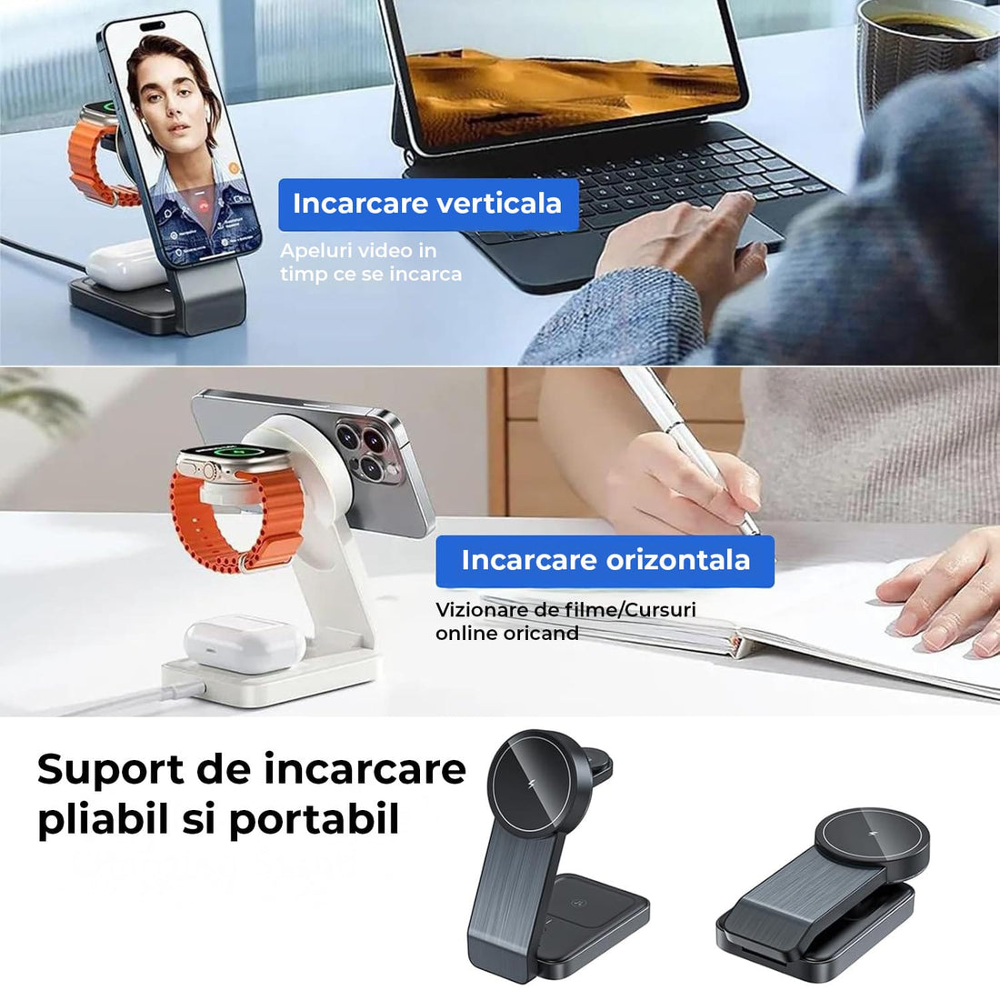 Statie de Incarcare 3-in-1 Elindor®, Suport Pliabil, Incarcare Rapida, Ideal pentru Apple Devices