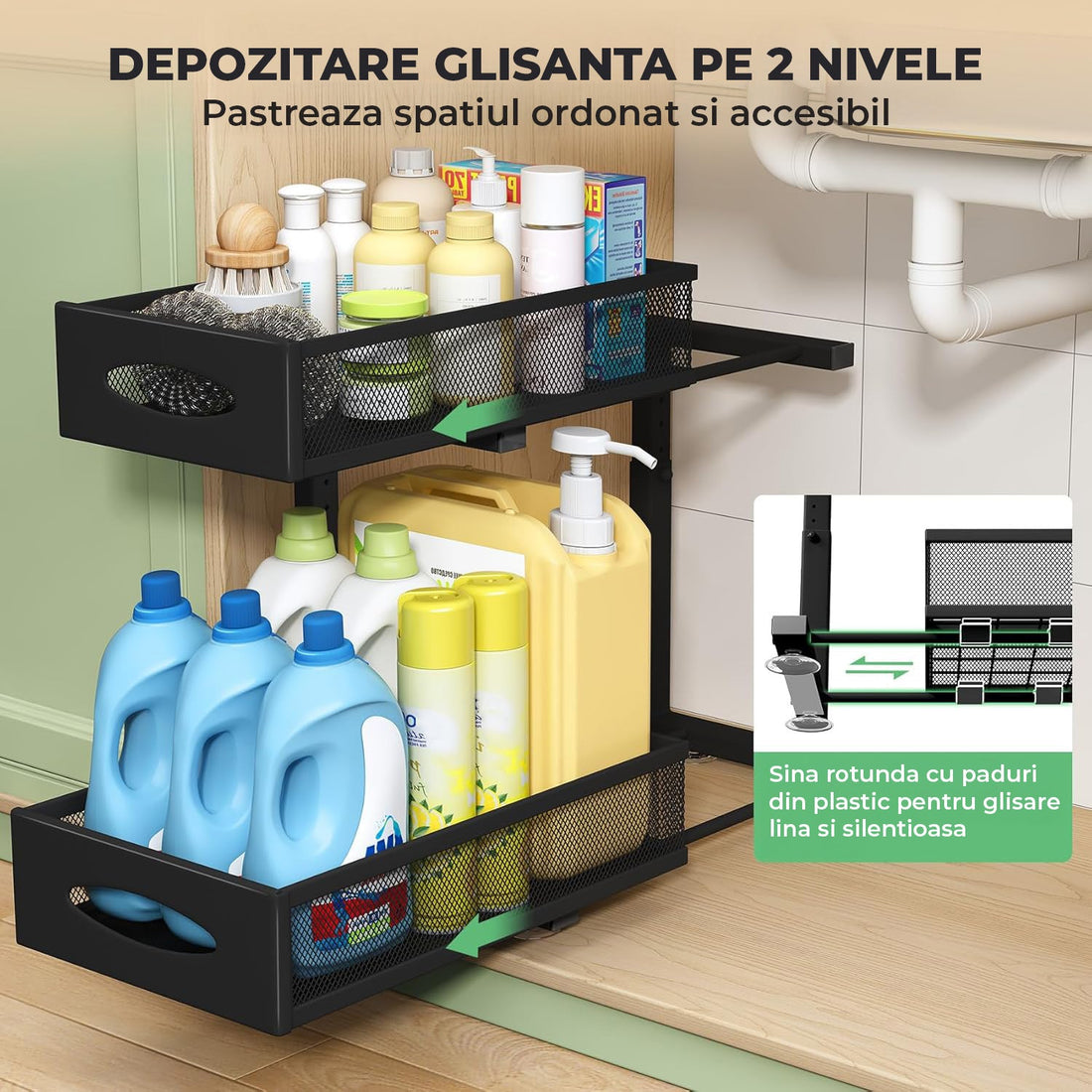 Organizator cu Sertare Glisante Elindor® pe 2 Nivele pentru Dulap, sub Chiuveta, Raft cu Sertar pentru Camara, Organizare Bucatarie, Baie si Birou, Sistem Glisant si Antialunecare, Accesorii Depozitare, Multifunctional, Organizatoare pentru Casa, Negru