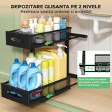 Organizator cu Sertare Glisante Elindor® pe 2 Nivele pentru Dulap, sub Chiuveta, Raft cu Sertar pentru Camara, Organizare Bucatarie, Baie si Birou, Sistem Glisant si Antialunecare, Accesorii Depozitare, Multifunctional, Organizatoare pentru Casa, Negru