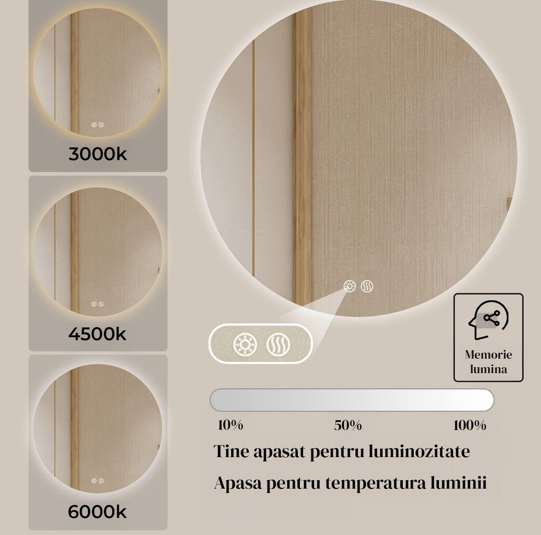 Oglinda Rotunda de Perete pentru Baie Elindor® cu Iluminare LED, 3 Culori de Lumina, Luminozitate Reglabila, Touch Control, Anti-Aburire, Anti-Spargere, Memorie Lumina, Marime 91.4 cm