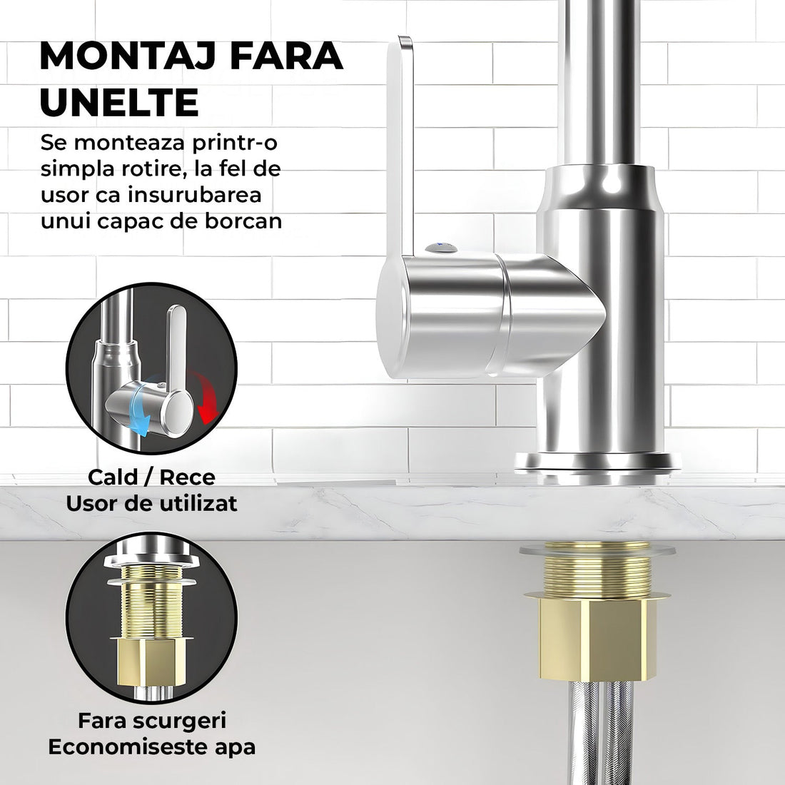 Baterie Chiuveta Bucatarie Argintie Elindor®, Robinet de Apa Modern, cu Pipa Inalta, Jet Reglabil si Aerisit, Monocomanda, Rotativ 360°, Otel Inoxidabil, Finisaj Lucios