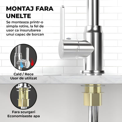 Baterie Chiuveta Bucatarie Argintie Elindor®, Robinet de Apa Modern, cu Pipa Inalta, Jet Reglabil si Aerisit, Monocomanda, Rotativ 360°, Otel Inoxidabil, Finisaj Lucios