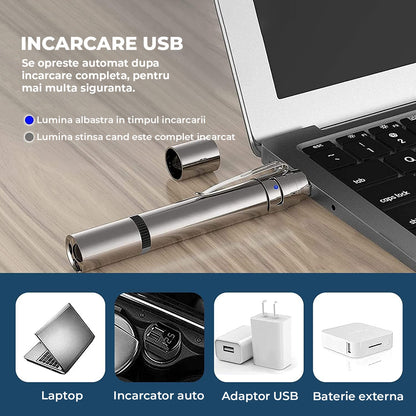 Jucarie Interactiva Elindor® pentru Pisici si Caini, Laser Pointer Reincarcabil USB, 7 Moduri Ajustabile, Lanterna LED, Otel Inoxidabil, Argintiu