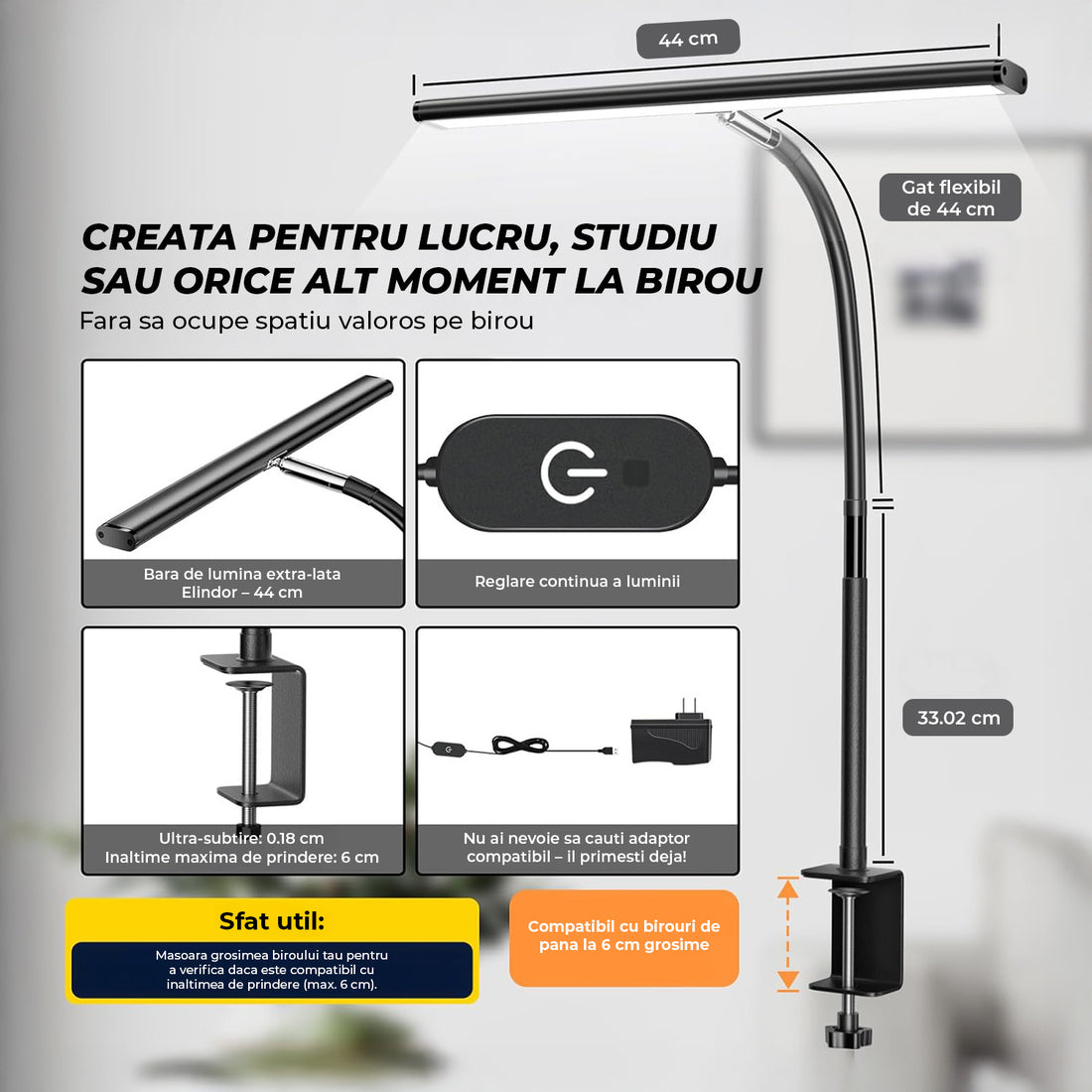 Lampa LED de Birou Elindor® Ultra Wide, Luminozitate si Temperatura Lumina Reglabila, Clema de Prindere, Gat Reglabil, Temperatura Lumina 2700-6500K, Latime 44 cm, Negru