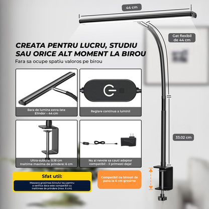 Lampa LED de Birou Elindor® Ultra Wide, Luminozitate si Temperatura Lumina Reglabila, Clema de Prindere, Gat Reglabil, Temperatura Lumina 2700-6500K, Latime 44 cm, Negru