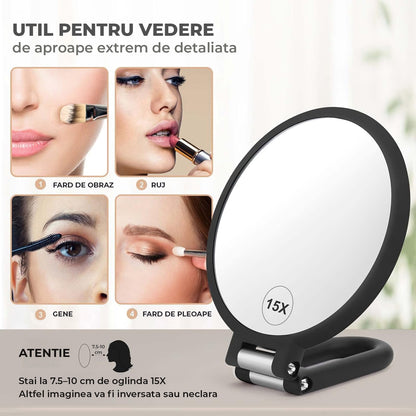Oglinda Cosmetica Pliabila Elindor® Rotire 360°, Efect de Marire Lupa 15x, Oglinzi Cosmetice pentru Coafor, Frizerie, Barbierit, Pensat, Vopsit, Tuns, Machiaj, ABS Durabil, 3 Functii de Utilizare Agatare, in Mana sau pe Masa, 24.4x14 cm, Negru