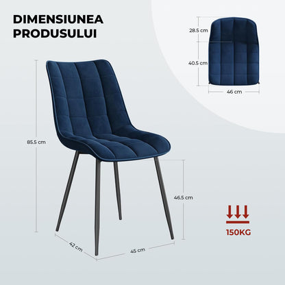 Set 2 Scaune Elindor® Ergonomice, Design Contemporan, Scaun cu Spatar si fara Manere, din Catifea cu Picioare Metalice Negre, Potrivite pentru Living, Bucatarie, Birou, Dormitor, Latime Sezut 46 cm, 85.5 x 45 x 42 cm, Albastru Marin