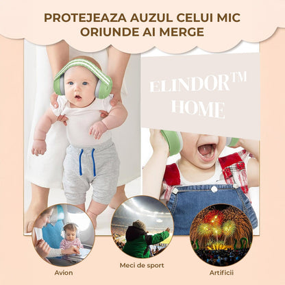 Casti Antifonice Elindor® pentru Bebelusi, Varsta intre 3 si 18 luni, cu Pernute Moi pentru Urechi, Benzi Anti-alunecare din Silicon, Prindere cu Arici, 3 Dimensiuni Reglabile, Reducere a Zgomotului cu 25 dB, Accesorii Bebe, Verde