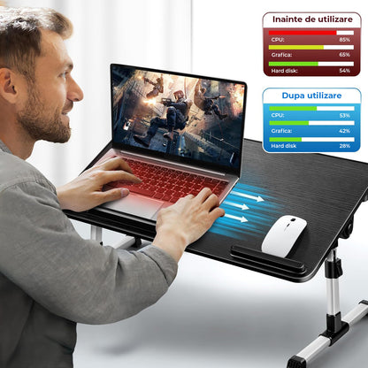 Masa Pliabila pentru Laptop Elindor® Suport Inaltime Reglabila pe 5 Niveluri, Unghi Ajustabil, Antiderapanta, Usor de Depozitat, Birou Portabil cu Sertar de Depozitare si Suport pentru Mouse, Utilizare in Orice Loc, Ideala la Munca sau Mic Dejun la Pat, N