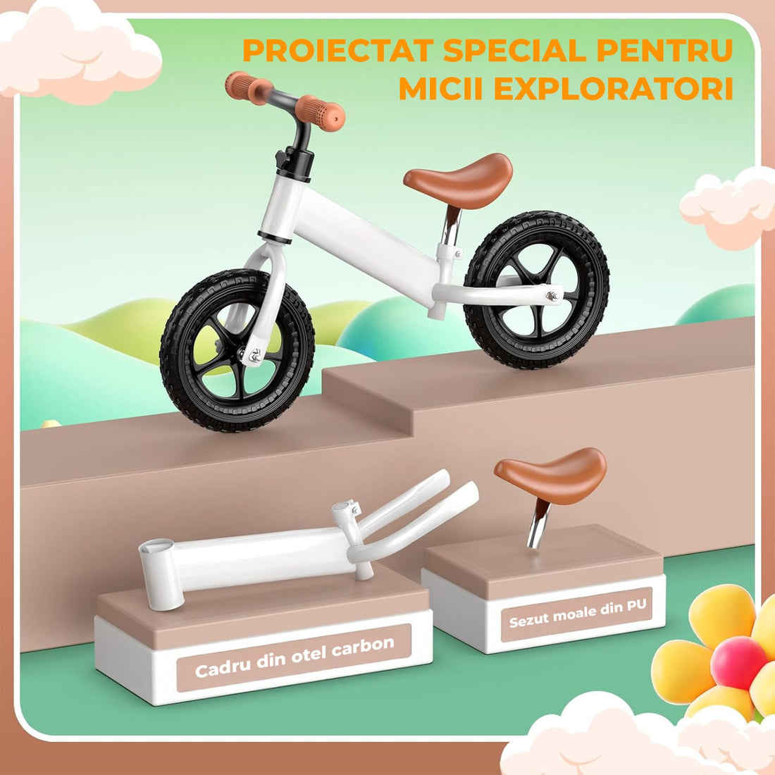 Bicicleta Fara Pedale Elindor®, Scaun Reglabil si Confortabil, Usoara, Alb