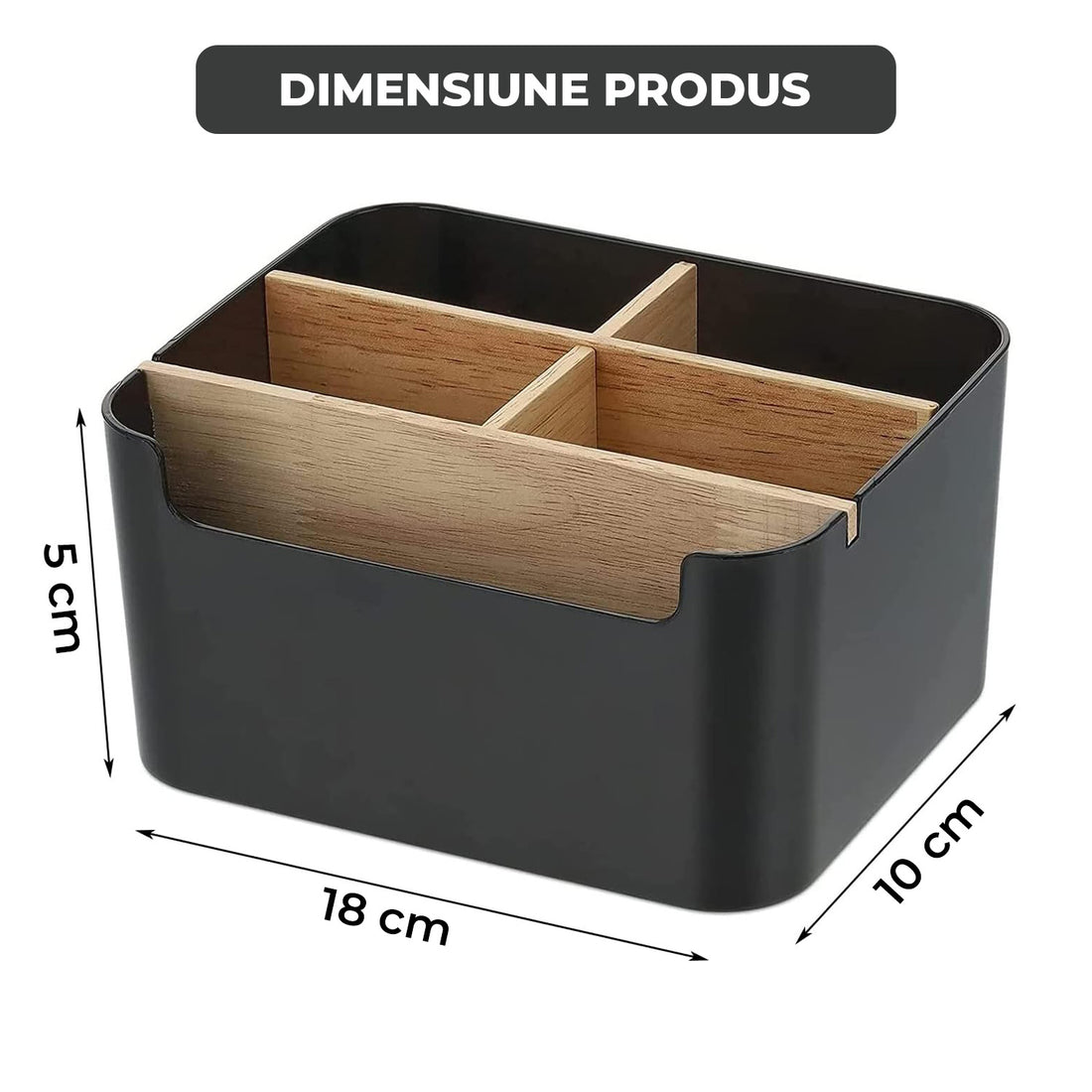 Cutie de Depozitare Elindor® din Bambus, cu 5 Compartimente Detasabile, Organizator de Birou, Potrivit si pentru Baie, Living, Bucatarie, pentru Creioane, Hartii, Rechizite, Pixuri, Suport Multufunctional, 18 x 14.8 x 10 cm, Negru