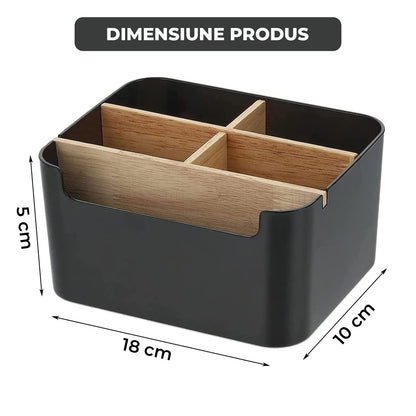 Cutie de Depozitare Elindor® din Bambus, cu 5 Compartimente Detasabile, Organizator de Birou, Potrivit si pentru Baie, Living, Bucatarie, pentru Creioane, Hartii, Rechizite, Pixuri, Suport Multufunctional, 18 x 14.8 x 10 cm, Negru