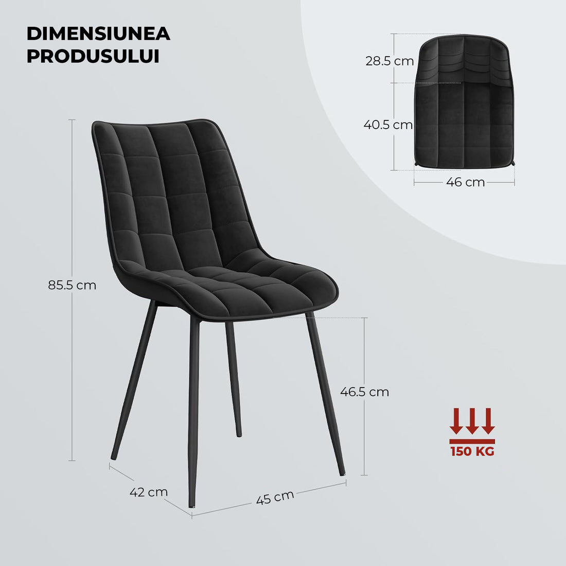 Set 2 Scaune Elindor® Ergonomice, Design Contemporan, Scaun cu Spatar si fara Manere, din Catifea cu Picioare Metalice Negre, Potrivite pentru Living, Bucatarie, Birou, Dormitor, Latime Sezut 46 cm, 85.5 x 45 x 42 cm, Negru