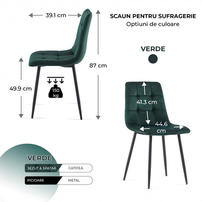 Set 2 Scaune Elindor® Ergonomice, Design Contemporan, Scaun cu Spatar si fara Manere, din Catifea cu Picioare Metalice Negre, Potrivite pentru Living, Bucatarie, Birou, Dormitor, Latime Sezut 44 cm, 87 cm Inaltime Totala, Verde Smarald