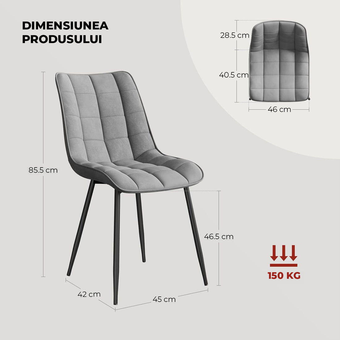 Set 2 Scaune Elindor® Ergonomice, Design Contemporan, Scaun cu Spatar si fara Manere, din Catifea cu Picioare Metalice Negre, Potrivite pentru Living, Bucatarie, Birou, Dormitor, Latime Sezut 46 cm, 85.5 x 45 x 42 cm, Gri Deschis