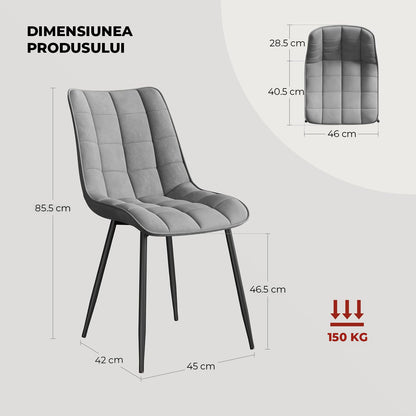 Set 2 Scaune Elindor® Ergonomice, Design Contemporan, Scaun cu Spatar si fara Manere, din Catifea cu Picioare Metalice Negre, Potrivite pentru Living, Bucatarie, Birou, Dormitor, Latime Sezut 46 cm, 85.5 x 45 x 42 cm, Gri Deschis